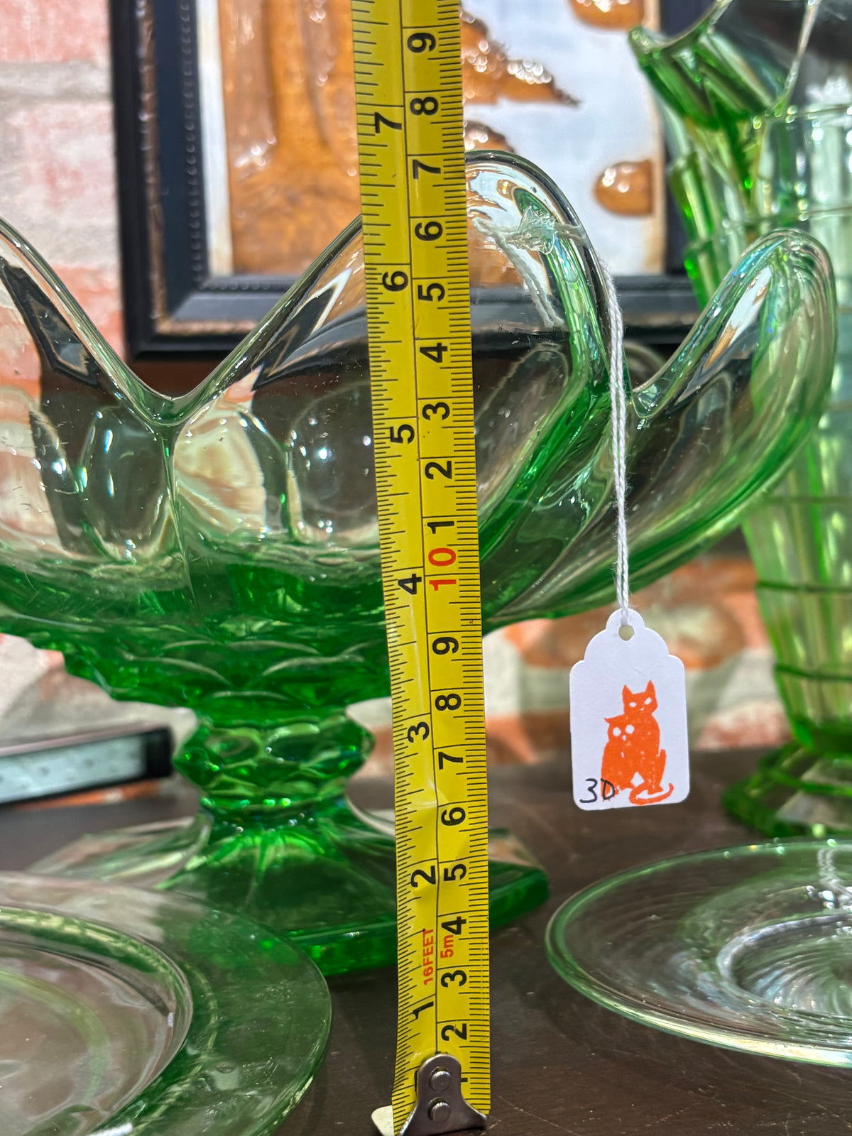 McKee Vintage Green Uranium Glass Pedestal Compote Bowl | Ruffled Edge