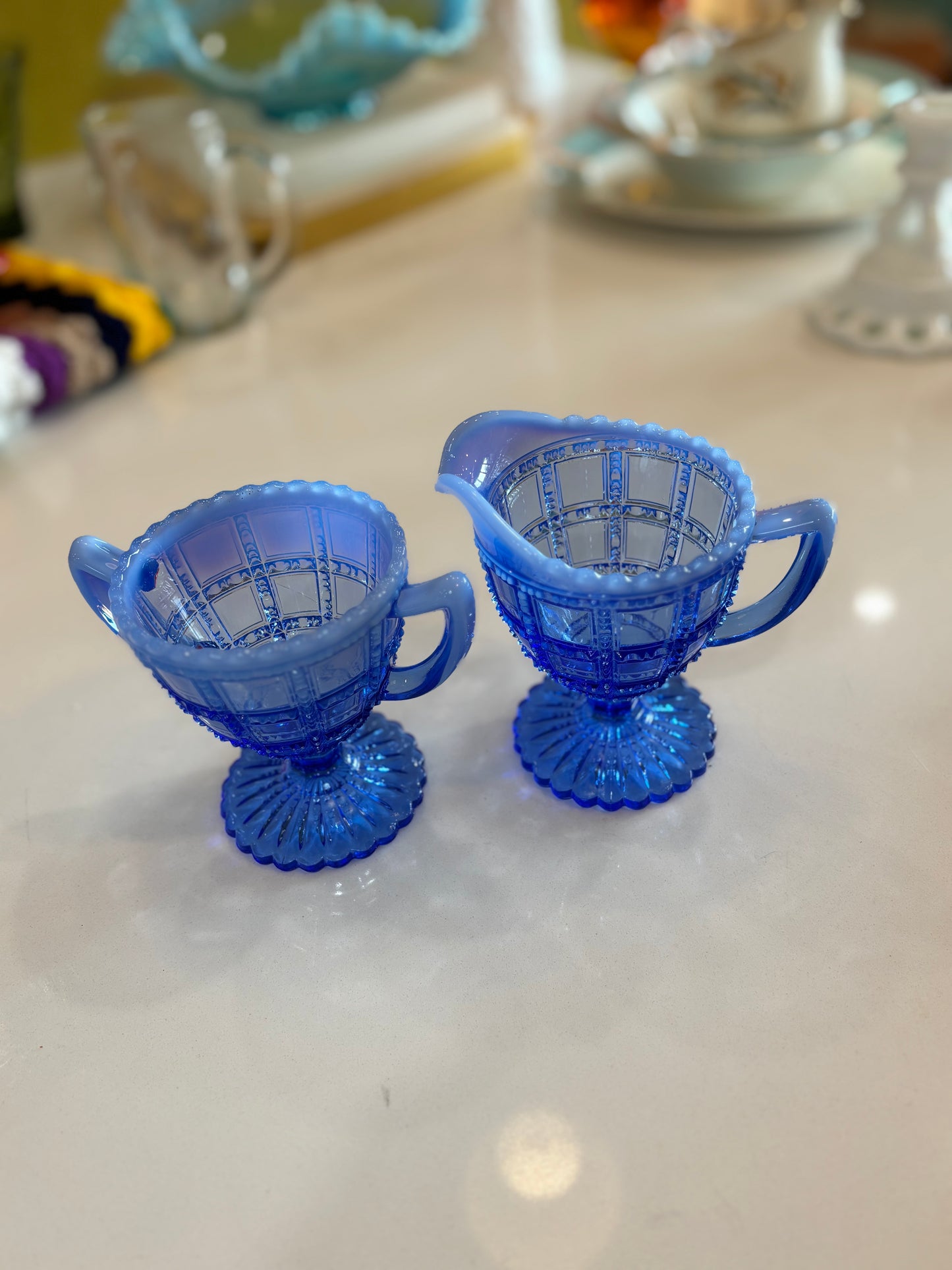 Vintage Deco Imperial Glass Beaded Block Blue Opalescent Cream & Sugar Set c1930