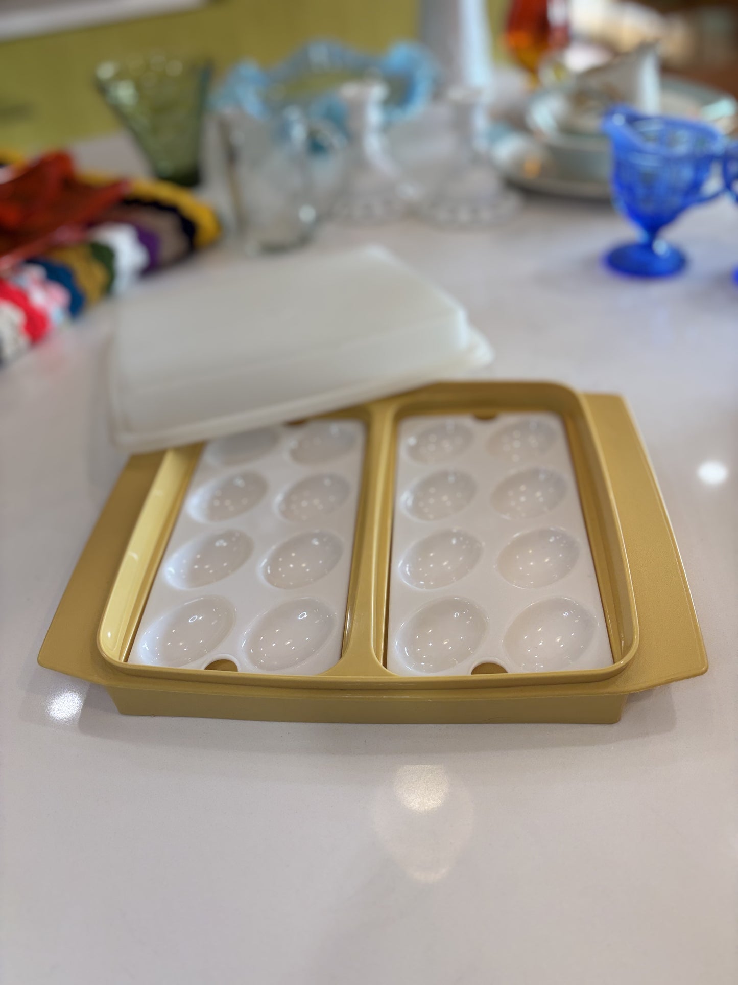 Vintage Tupperware Deviled Egg Taker Keeper ~Trays ~ Harvest Gold #723 (4 Piece)