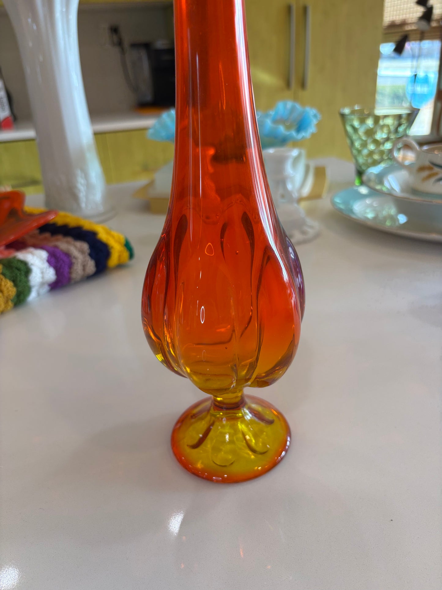 Vintage VIKING Glass 16in. 6 Petal Persimmon & Amber Swung Vase