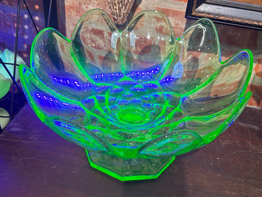 McKee Vintage Green Uranium Glass Pedestal Compote Bowl | Ruffled Edge