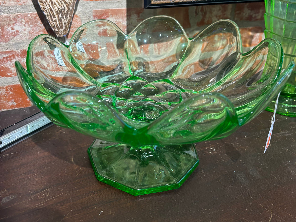 McKee Vintage Green Uranium Glass Pedestal Compote Bowl | Ruffled Edge