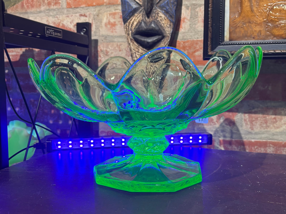 McKee Vintage Green Uranium Glass Pedestal Compote Bowl | Ruffled Edge