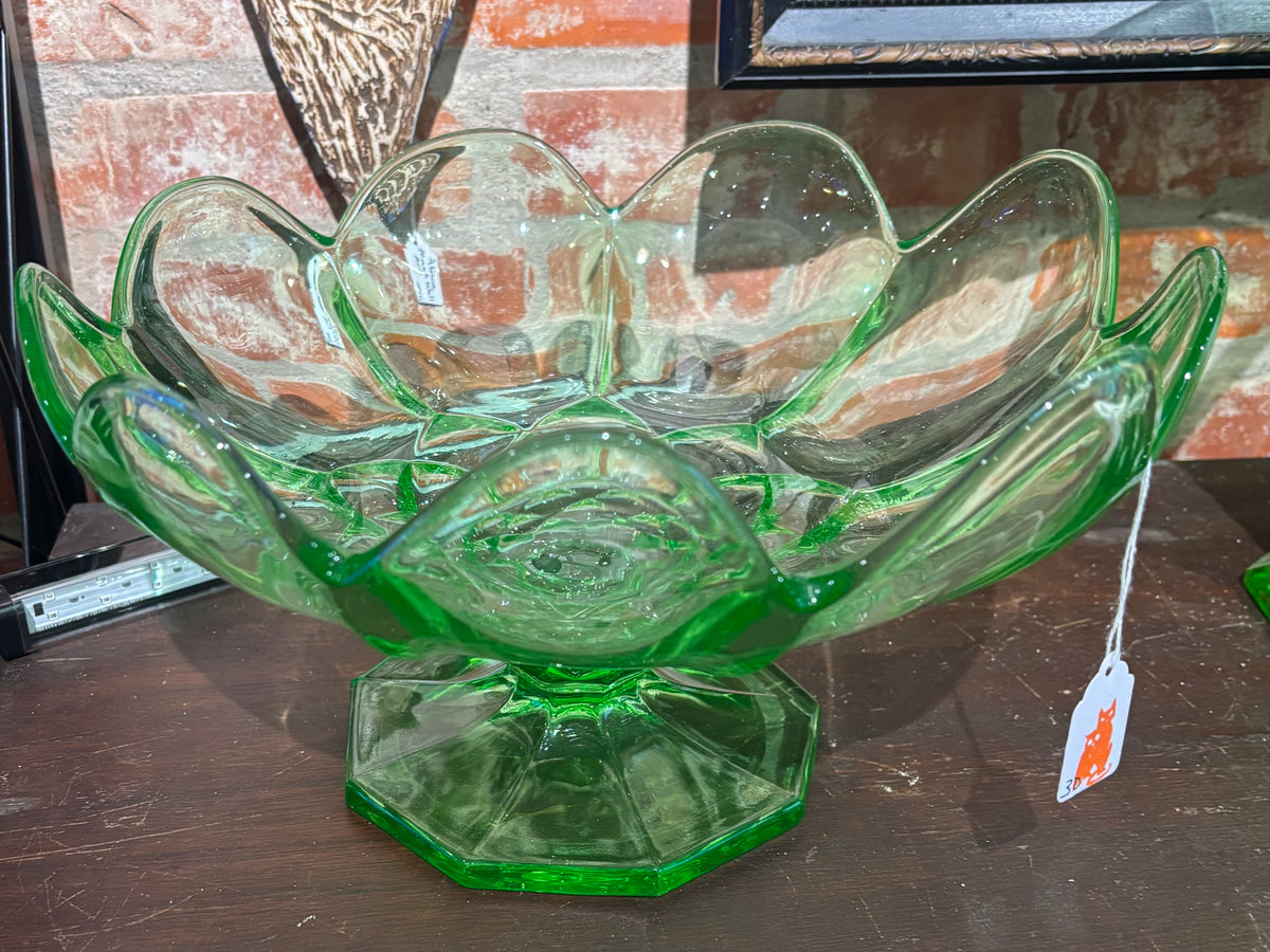McKee Vintage Green Uranium Glass Pedestal Compote Bowl | Ruffled Edge