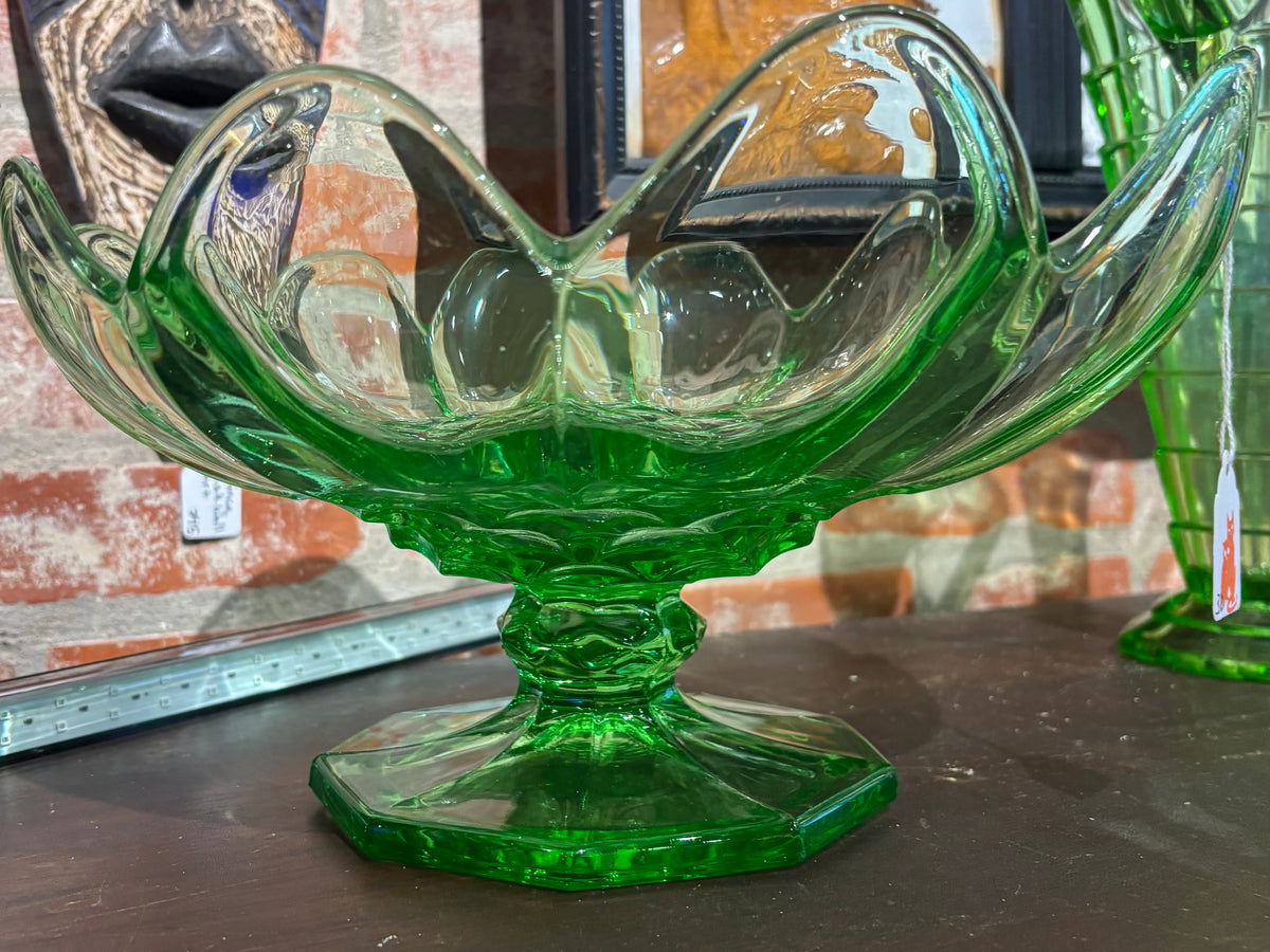 McKee Vintage Green Uranium Glass Pedestal Compote Bowl | Ruffled Edge