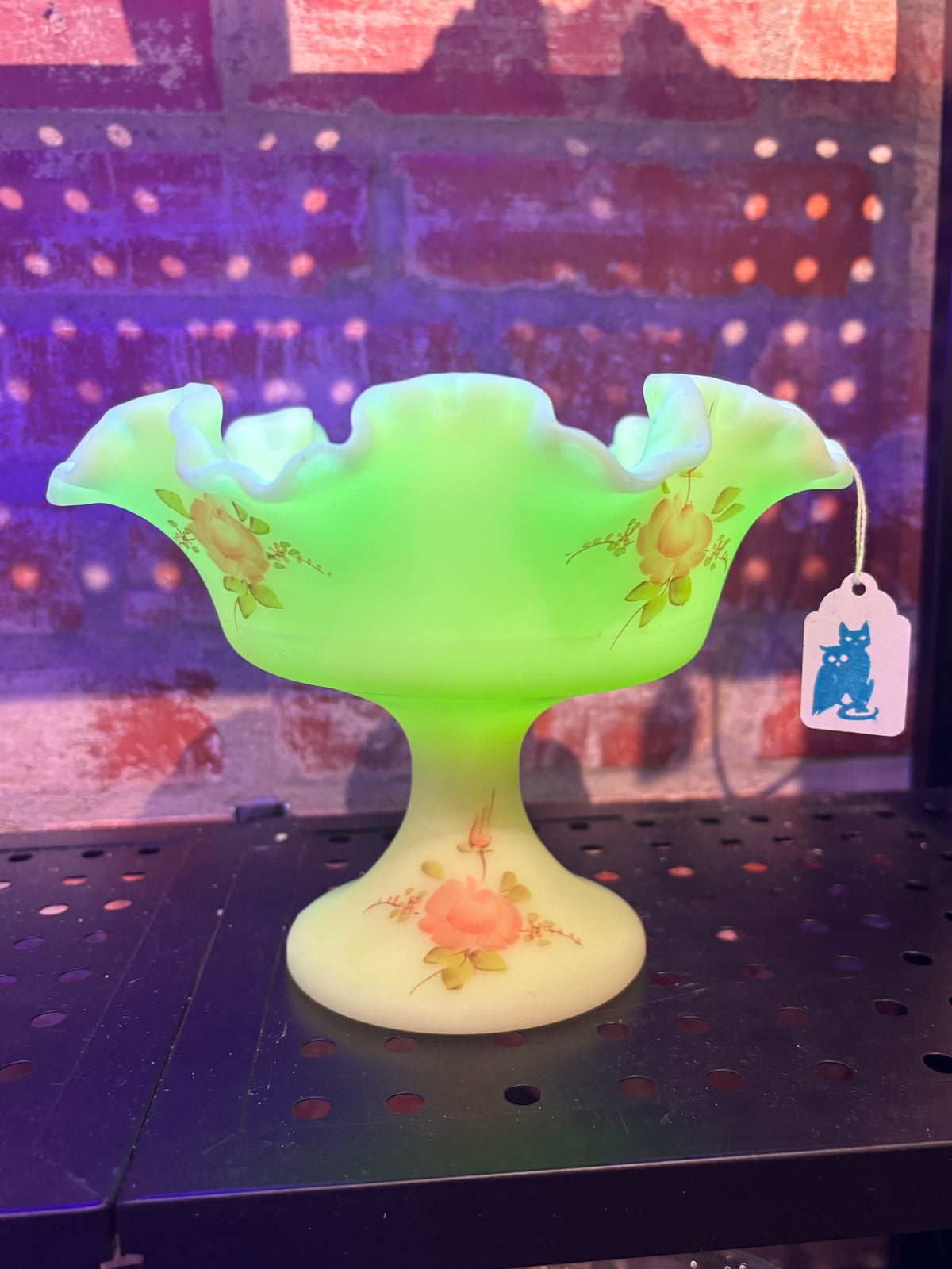 Vintage Fenton Custard Glass Compote | Hand-Painted Roses | UV Reactive Uranium Glass