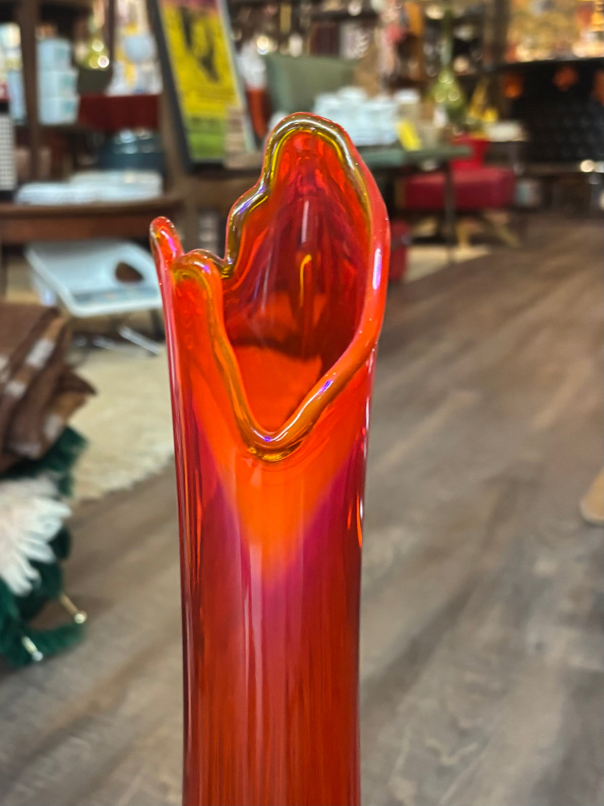 Vintage Fenton Amberina Hobnail Swung Vase | Mid-Century Art Glass