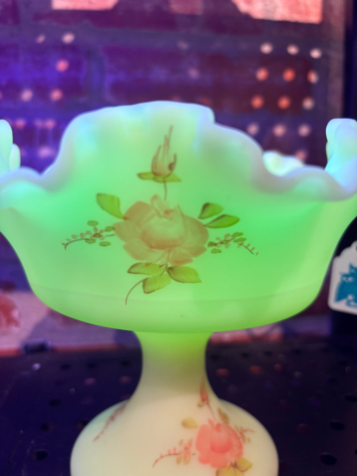 Vintage Fenton Custard Glass Compote | Hand-Painted Roses | UV Reactive Uranium Glass