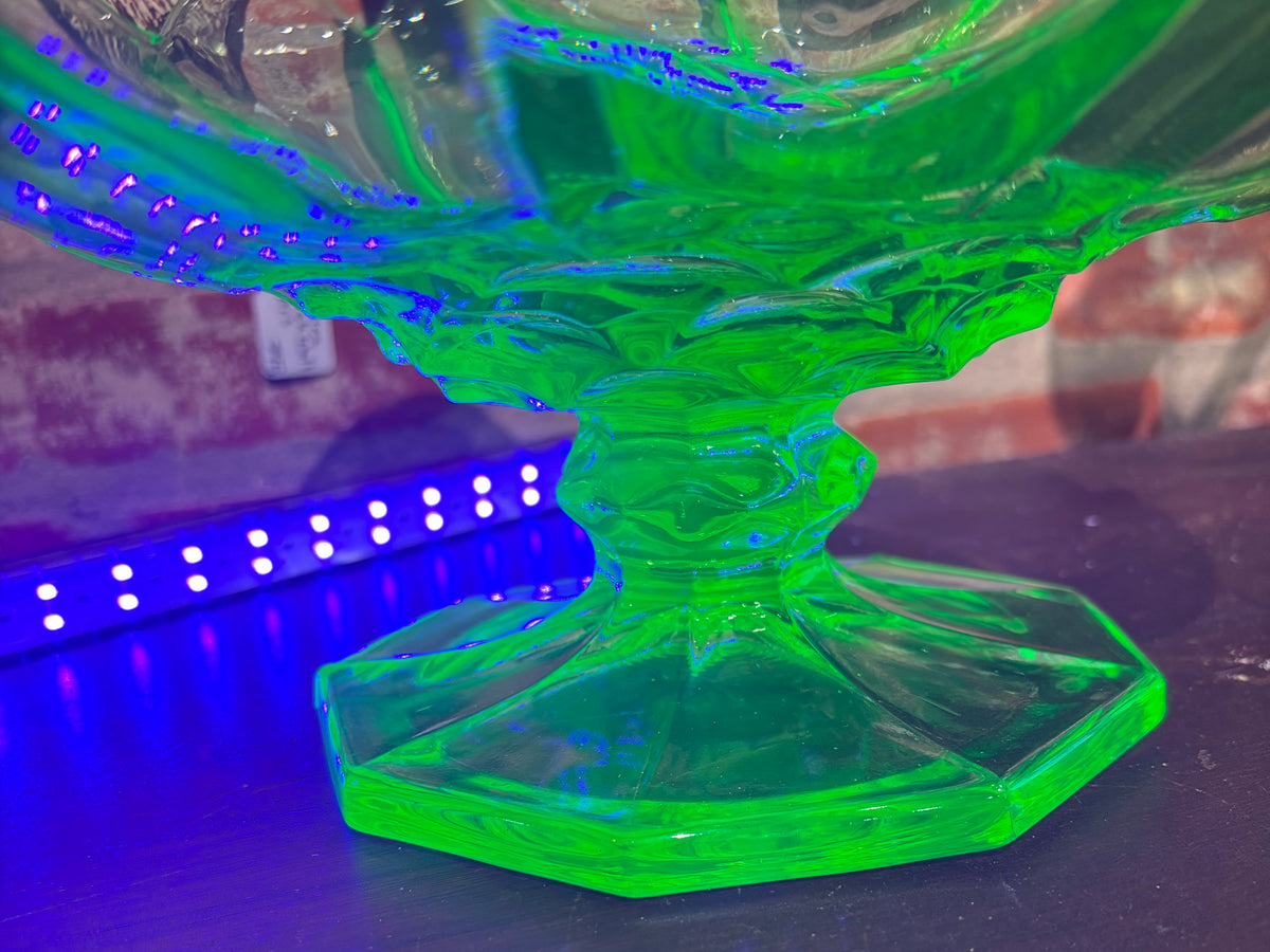 McKee Vintage Green Uranium Glass Pedestal Compote Bowl | Ruffled Edge